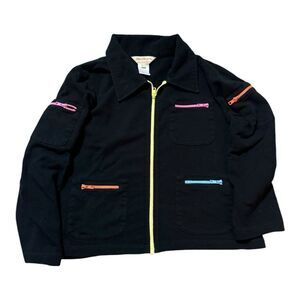 Norm Thompson Black Multicolor Zippers on Pockets Cotton Knit Jacket Womens Sz M